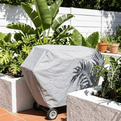 Grey heavy duty braai canvas cover fitted over a mobile grill unit.